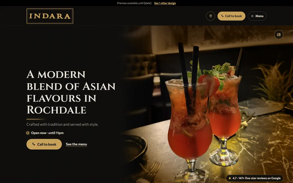 The main design on a laptop: the headline on the left, the mojitos on a gold-washed photo on the right